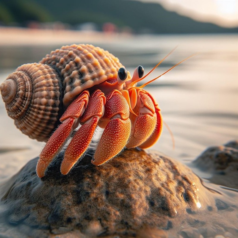 A hermit crab in a colorful shell on sand